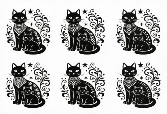 Black Cat Mom and Kitten Silhouette Art for Crafts and Graphics