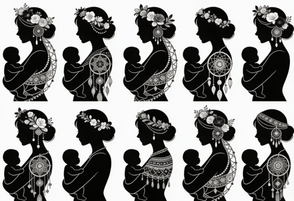 Boho Mom and Baby Silhouette Clip Art: A Versatile Graphic Design Asset for Creative Publishing