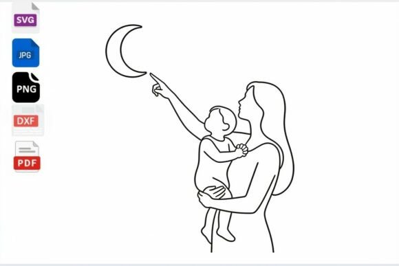 Mom and Baby Reaching for Moon Line Art: A Versatile Graphic for Crafts