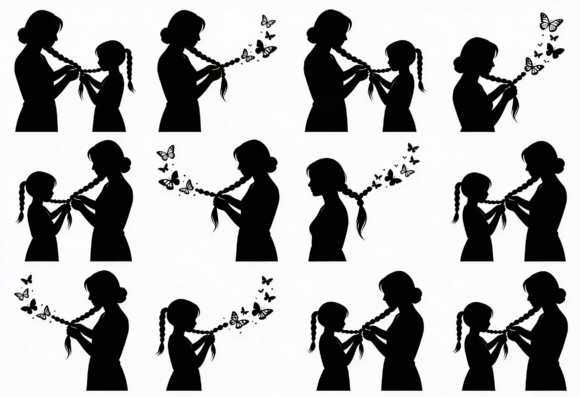 Mom Braiding Daughter's Hair Silhouette for Crafts and Graphics