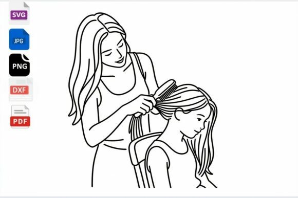 Mom Brushing Daughter's Hair Line Art: A Versatile Graphic for Crafts and Graphics